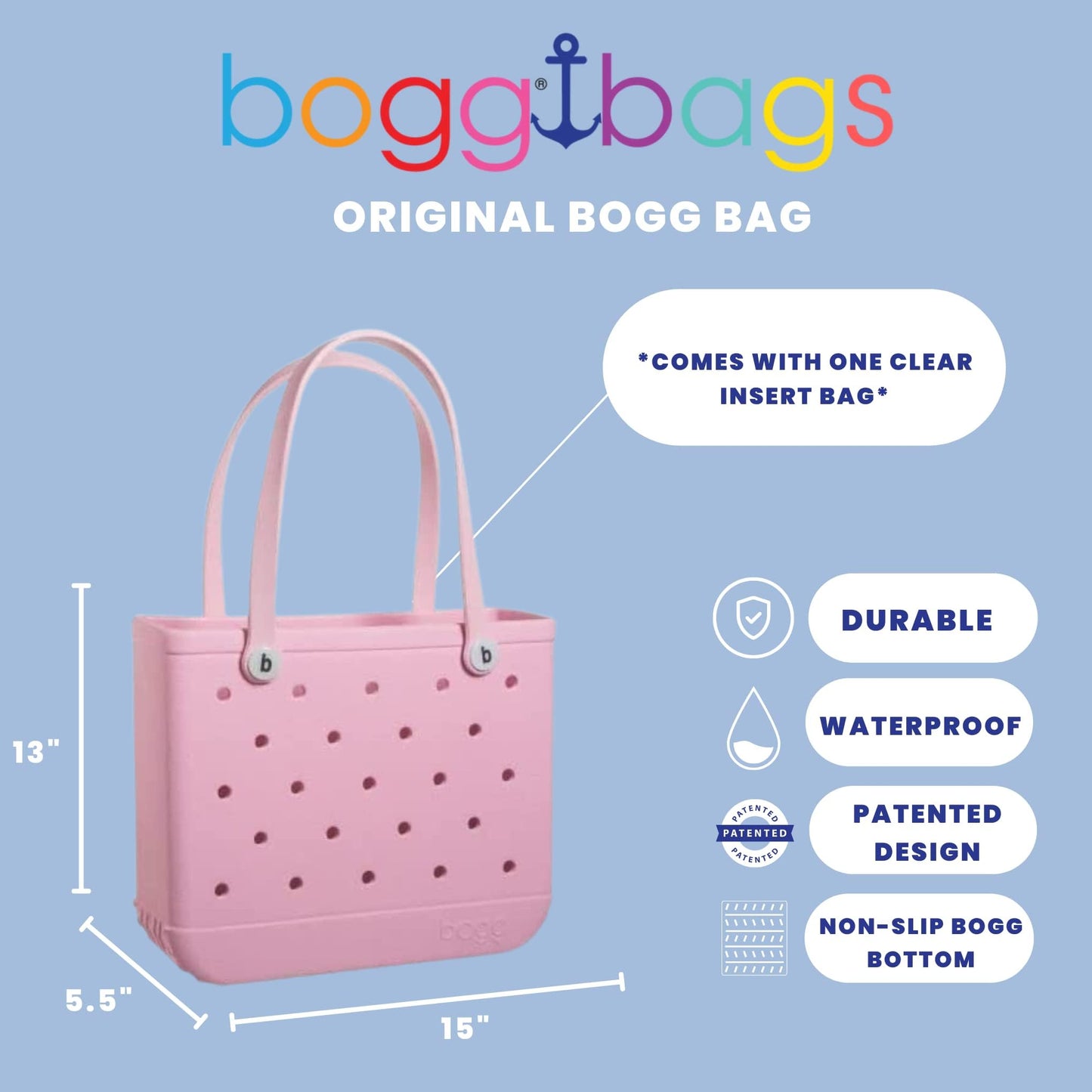 BOGG BAG - Medium Tote - Blowing Pink Bubbles, White Buttons - 15in L x 5in W x 12.5in H - Beach, Pool, Boat, Work, Sports - All Purpose EVA - Lightweight, Washable, Durable